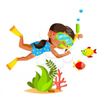 Girl Kid Swimming Underwater In Sea Nature Vector. Hispanic Little Lady Diving With Facial Mask And Flippers In Ocean Looking At Fish. Character Active Vacation Flat Cartoon Illustration