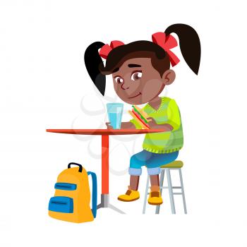 Girl Child Eating Breakfast In Kitchen Vector. African Lady Kid Eating Sandwich And Drinking Water At Table In Dining Room, School Backpack Under Desk. Character Infant Flat Cartoon Illustration