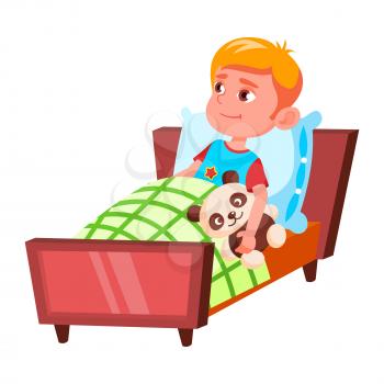 Boy Child Preparing For Sleep In Bedroom Vector. Caucasian Little Schoolboy Laying In Bed With Teddy Bear And Ready For Sleeping In Bedroom. Character Leisure Time Flat Cartoon Illustration