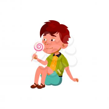 Boy Child Enjoying Sweet Lollipop Candy Vector. Asian Preteen Kid Sitting On Floor And Eating Delicious Lollipop Candy. Character Tasty Dessert, Sugary Food Flat Cartoon Illustration