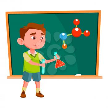 Boy Scientist Make Experiment On Lesson Vector. Caucasian Schoolboy Making Scientific Chemical Experiment In School. Character Molecular Test, Chemistry Education Flat Cartoon Illustration