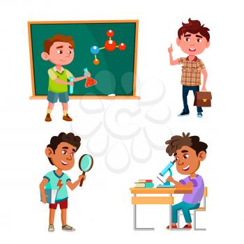 Boys Scientist Education And Research Set Vector. Schoolboy Scientist Researching And Analyzing, Make Laboratory Chemical Test And Experiment. Characters Children Lab Work Flat Cartoon Illustrations