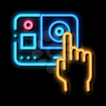 Action Camera neon light sign vector. Glowing bright icon Action Camera sign. transparent symbol illustration