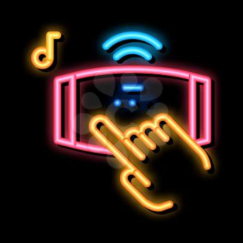 Music Device neon light sign vector. Glowing bright icon Music Device sign. transparent symbol illustration