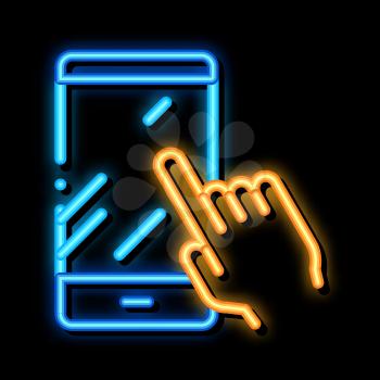 Hand Touch Phone neon light sign vector. Glowing bright icon Hand Touch Phone sign. transparent symbol illustration