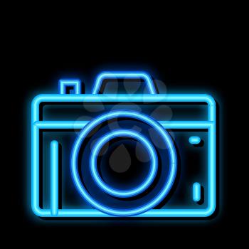 Photo Camera neon light sign vector. Glowing bright icon Photo Camera sign. transparent symbol illustration