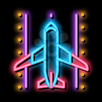 Airplane On Runway Airport neon light sign vector. Glowing bright icon Airplane On Road For Landing Concept Linear Pictogram. Air Transport Aircraft sign. transparent symbol illustration