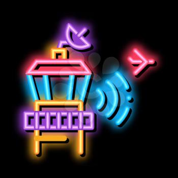Airport Control Tower Radar neon light sign vector. Glowing bright icon Air Flight Controller Tower Concept Linear Pictogram. Technical Block sign. transparent symbol illustration