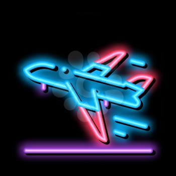 Take Off Airplane Airport neon light sign vector. Glowing bright icon Passenger Airplane Flying Along Route Concept Linear Pictogram. Air Transport Aircraft sign. transparent symbol illustration