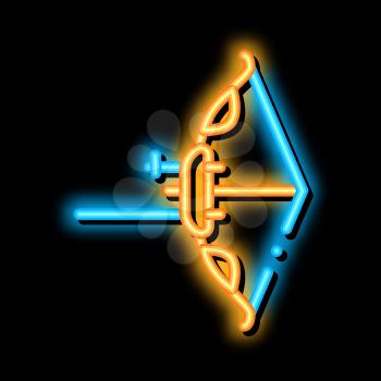 Modern Bow And Arrow Tool neon light sign vector. Glowing bright icon Archery Sport Equipment Bow Concept Linear Pictogram. Targeting Dart Longbow Ammunition sign. transparent symbol illustration