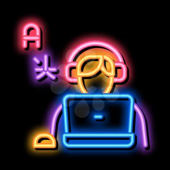 Human Learn Foreign Language neon light sign vector. Glowing bright icon Man With Laptop And Earphones Listen International Language sign. transparent symbol illustration