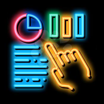 Statistician Assistant Hand neon light sign vector. Glowing bright icon Manager Hand Gesture Pointing On Statistic Infographic sign. transparent symbol illustration