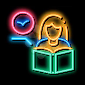 Girl Reading Book About Bird neon light sign vector. Glowing bright icon Woman Reading Ornithology Encyclopedia, Student Education sign. transparent symbol illustration