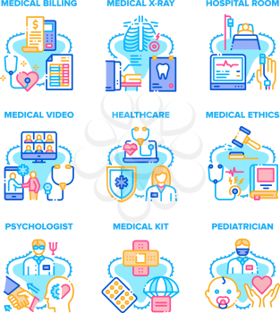 Medical Healthcare Set Icons Vector Illustrations. Medical Educational Video And Calling Communication Doctor With Patient, Pediatrician And Psychologist, X-ray And Room Color Illustrations