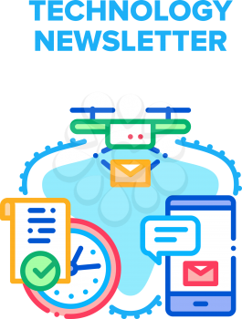 Technology Newsletter Sending Vector Icon Concept. Technology Newsletter Delivering With Drone Device, Fast Send And Delivery Message On Smartphone. Modern Electronics And Gadget Color Illustration