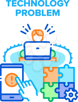 Technology Problem Solve Vector Icon Concept. Man Solving Laptop And Broken Smartphone Technology Problem. Computer Diagnostic And Examining Operating System Error Warning Color Illustration