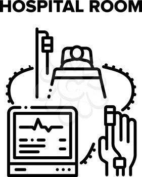 Hospital Room For Patient Vector Icon Concept. Hospital Room For Examination And Treatment Health, Surgery Operation And Reanimation. Clinic Equipment For Check Heartbeat Black Illustration