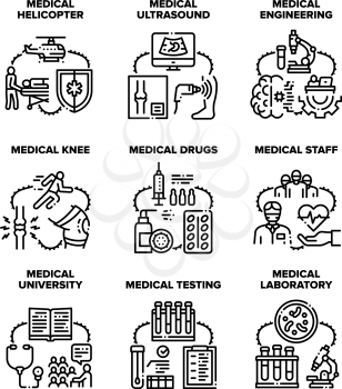 Medical Engineering Set Icons Vector Illustrations. Medical Helicopter For Transportation Patient And Staff, Laboratory Research And Testing, Ultrasound Knee And University Study Black Illustration
