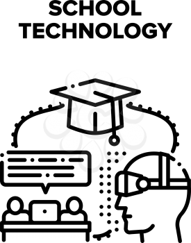 School Modern Technology Vector Icon Concept. Laptop And Vr Glasses For Pupils Remote Studying, Educational Technology For Learning Lesson. E-learning And Graduation Black Illustration