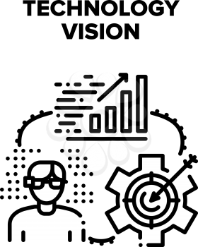 Technology Vision Of Future Vector Icon Concept. Virtual Reality Vr Glasses Device And Smart Gadget, Technology Vision And Innovation. Process Of Development And Production Black Illustration