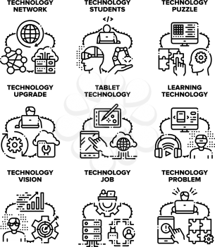 Technology Upgrade Set Icons Vector Illustrations. Student Learning Technology And Network Problem Solve, Vision And Job, Tablet Device And Puzzle Game. Development And Testing Black Illustration