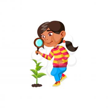 Girl Child Researching Plant With Magnifier Vector. Hispanic Schoolgirl Research Growing Plant With Magnifying Glass Outdoor. Character Scientist Studying Biology Flat Cartoon Illustration