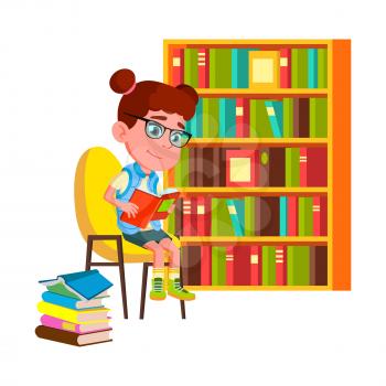 Girl Reading Educational Book In Library Vector. Schoolgirl Sitting On Chair Near Bookshelf And Read Education Book. Character Caucasian Child Studying Literature Flat Cartoon Illustration