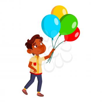 Boy Kid Walking And Looking At Air Balloons Vector. Hispanic Little Schoolboy Enjoying And Walk With Colorful Helium Balloons Decoration. Character Go At Festival Flat Cartoon Illustration