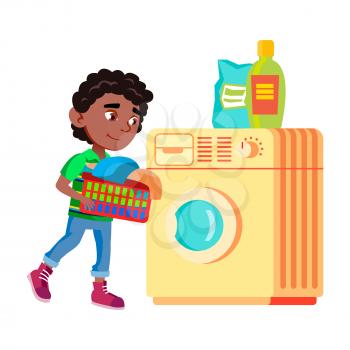 Boy Kid Doing Laundry In Washing Machine Vector. Preteen Child Prepare Clothes For Wash In Washing Machine, Mother Help Housekeeping. Character Domestic Task Flat Cartoon Illustration