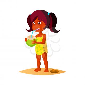 Girl Child Drink Coconut Cocktail On Beach Vector. African Kid Lady Drinking Natural Organic Coconut Juice With Straw. Character Infant Resting On Seaside With Bio Beverage Flat Cartoon Illustration