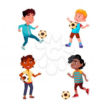 Boys Children Playing Soccer Sport Game Set Vector. Multiracial Kids Play Football Sport Game With Ball On Stadium Or Playground. Characters Sportive Active Time Flat Cartoon Illustrations