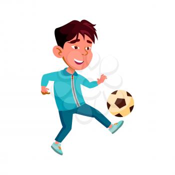 Boy Child Playing And Training Soccer Game Vector. Asian Kid Player Play Football Sport Game With Ball On Stadium. Character Chinese Infant Sportive Athlete Activity Flat Cartoon Illustration