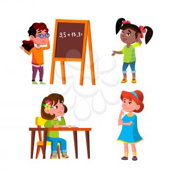 Thoughtful Girls Thinking About Problem Set Vector. Thoughtful Children Ladies Think About Solve Mathematics And Friendship Exercise. Characters Search Decision Flat Cartoon Illustrations