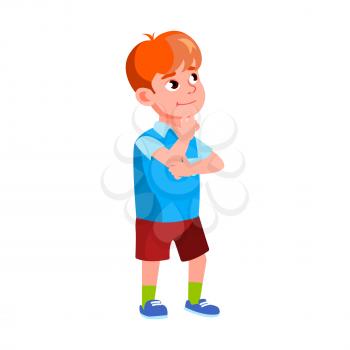 Boy Kid Standing In Store And Thinking Vector. Caucasian Child Stand In Shop Thinking And Choosing Ice Cream Dessert. Character Little Guy Resolving Problem Flat Cartoon Illustration