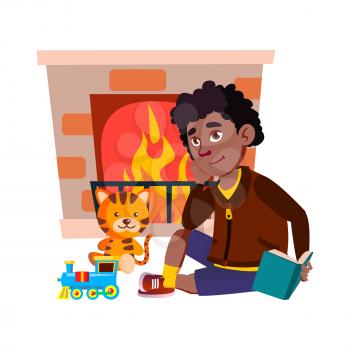 Boy Kid Sitting Near Fireplace And Thinking Vector. African Child With Book Literature Sit Near Toys And Burning Flame Thinking Or Dreaming. Character Guy Think Flat Cartoon Illustration