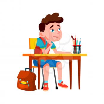 Boy Pupil On School Lesson And Thinking Vector. Caucasian Preteen Kid Sitting At Desk And Thinking About Problem. Thoughtful Character Child Studying Time Flat Cartoon Illustration