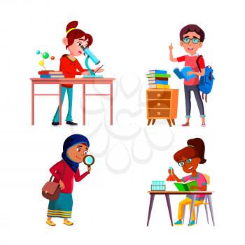 School Girls Scientist Researching Set Vector. Schoolgirls Scientist Analysis With Microscope And Magnifier, Reading Education Book And Make Laboratory Test. Characters Flat Cartoon Illustrations