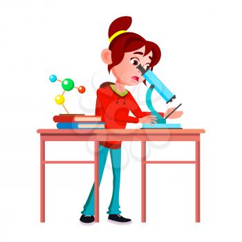 Schoolgirl Scientist Research By Microscope Vector. Expressive Caucasian School Girl Scientist Researching And Analyzing With Laboratory Equipment. Character Researcher Flat Cartoon Illustration