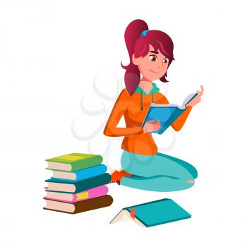 Girl Teen Sitting On Floor And Reading Book Vector. Caucasian Young Lady Teenager Reading Book And Searching Educational Information. Character Preparing For Examination Flat Cartoon Illustration