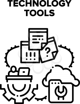 Technology Tools Vector Icon Concept. Technology Tools For Developing And Repair Cloud Storage, Paper List For Writing Reminder Or Task. Programmer Professional Occupation Black Illustration