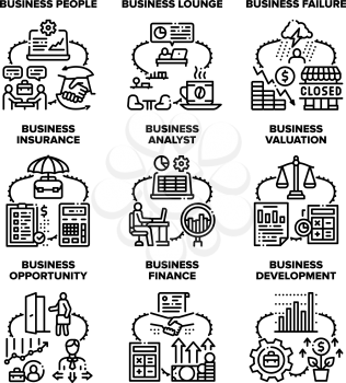 Business Analyst Set Icons Vector Illustrations. Business Analyst People And Lounge Zone, Failure And Insurance, Valuation And Finance, Opportunity And Development Black Illustration
