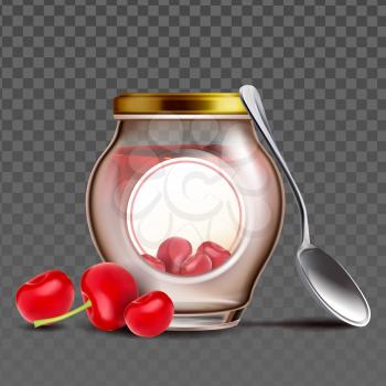 Bottle With Cherry Berries Jam And Spoon Vector. Blank Glass Jar With Vitamin Organic Canned Cherry Fruit And Kitchen Utensil For Eat Sweet Juicy Dessert. Glassware Template Realistic 3d Illustration
