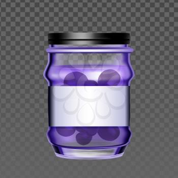 Glass Bottle With Blueberry Berries Jam Vector. Blank Jar With Vitamin Organic Canned Blueberry Marmalade. Glassware With Homemade Delicious Juicy Blackberry Preserve Mockup Realistic 3d Illustration