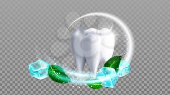 Tooth Brush Aroma Mint Leaf And Fresh Paste Vector. White Health Tooth Brushing Aromatic Toothpaste, Plant And Cold Ice Cubes. Mouth Hygiene Treatment Template Realistic 3d Illustration