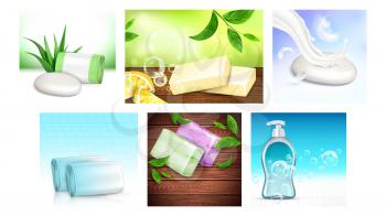 Organic Soap Creative Promotion Posters Set Vector. Aromatic Lemon And Liquid Soap, Aloe Natural Plant And Tree Leaves On Advertising Banners. Hygienic Product Style Concept Template Illustrations