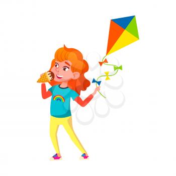 School Girl Eating Ice Cream Sweet Dessert Vector. Schoolgirl Playing With Kite And Eat Ice Cream In Park Outdoor. Character Lady Child Enjoying Frozen Delicious Food Flat Cartoon Illustration