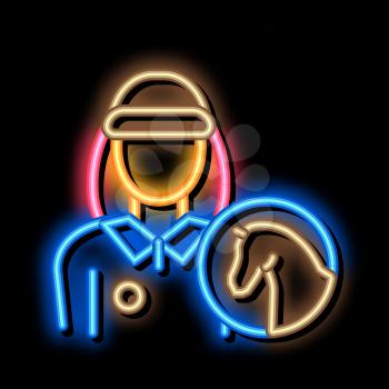 Woman Jockey neon light sign vector. Glowing bright icon Woman Jockey sign. transparent symbol illustration