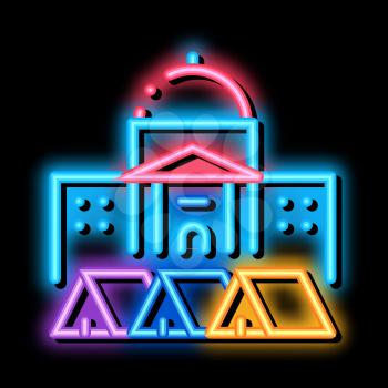 protesting tents in front of government neon light sign vector. Glowing bright icon protesting tents in front of government sign. transparent symbol illustration