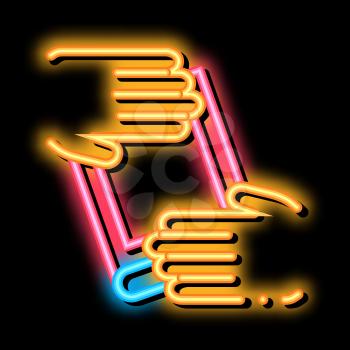 hand over book neon light sign vector. Glowing bright icon hand over book sign. transparent symbol illustration
