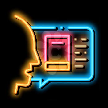 man opinion about book neon light sign vector. Glowing bright icon man opinion about book sign. transparent symbol illustration